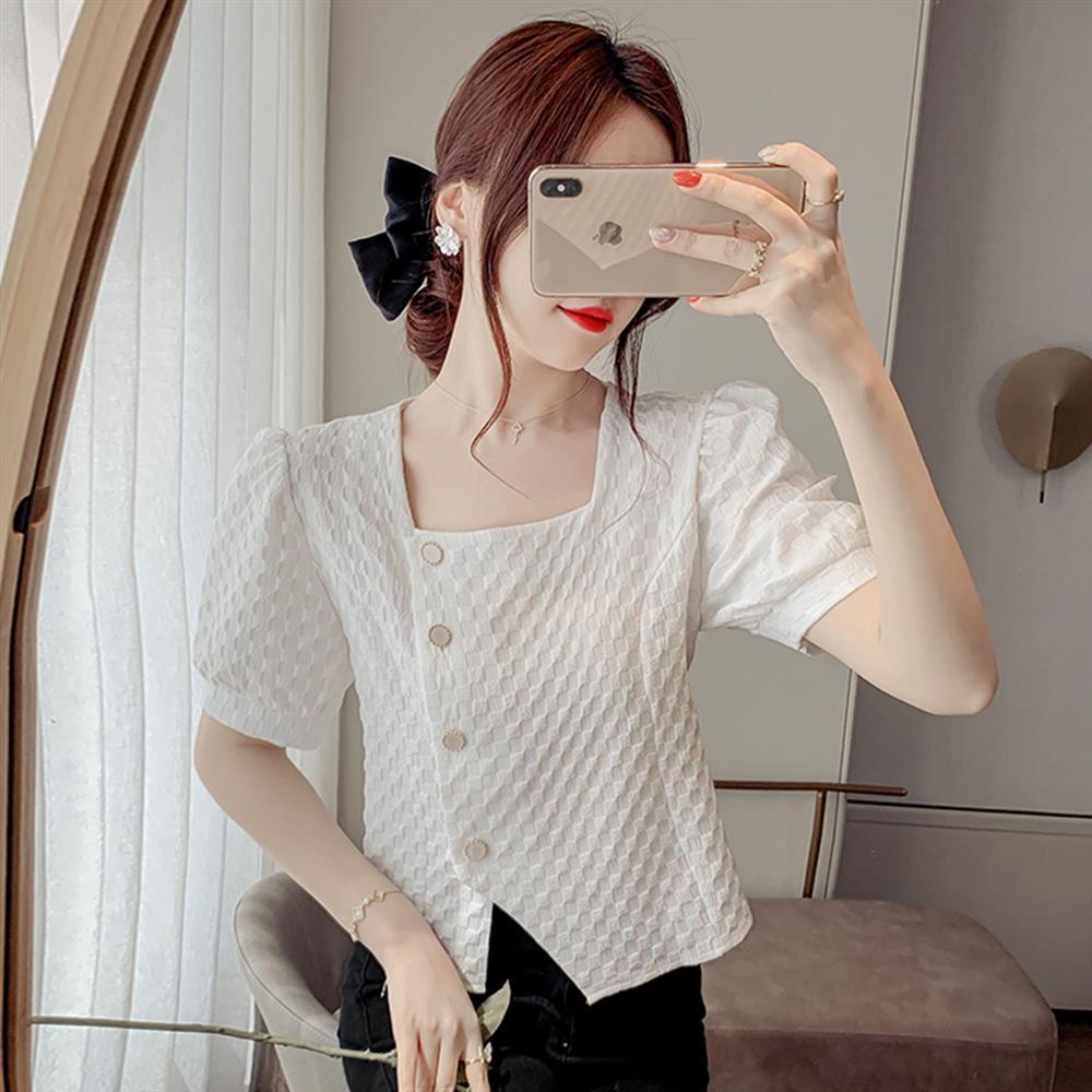 Áo Sơ Mi Chiffon Cổ Vuông Tay Ngắn Phong Cách Thời Trang Mùa Hè 2022 Mới