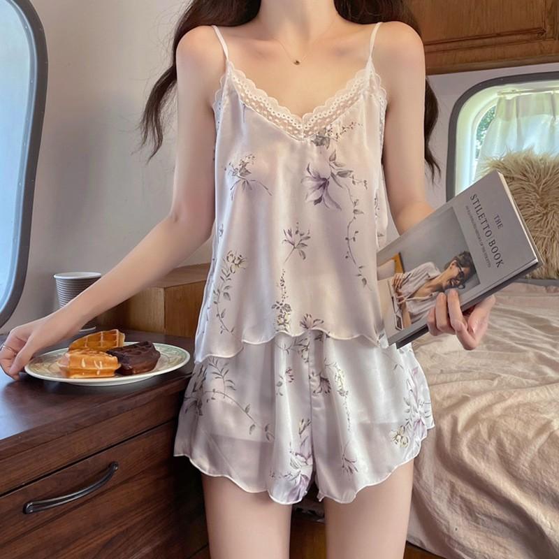 [Hàng Quảng Châu] MS1044 Bộ Pyjama Nữ Lụa Satin, Bộ 2 Dây Mặc Nhà Hoa Ren 2034#