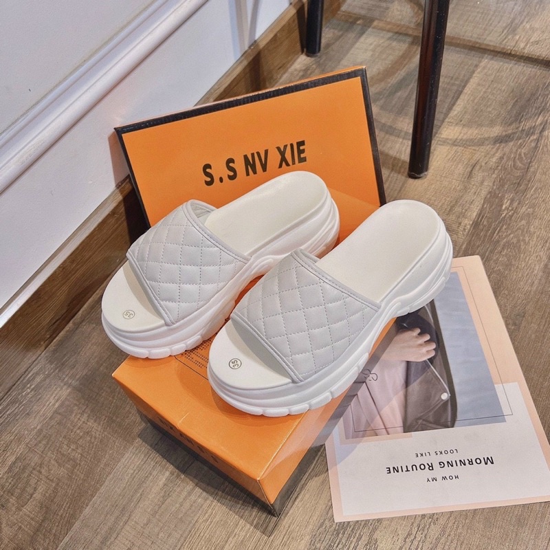 Dép quai ngang trần trám 2 màu siêu sang đế độn 5cm hot 2020