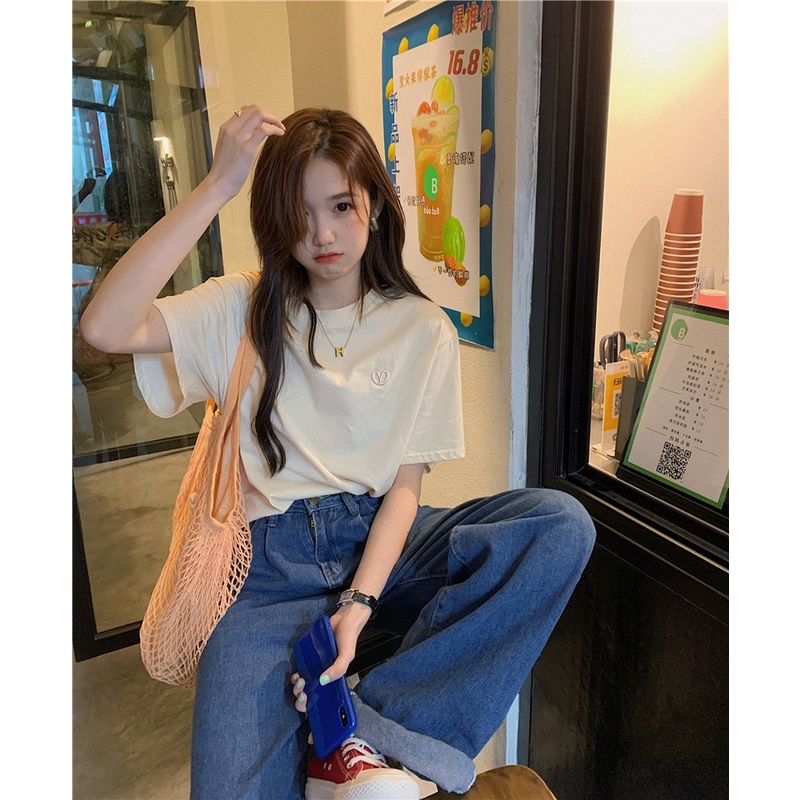 TINGYAXIU Áo Thun Tay Ngắn Dáng Rộng Thêu Họa Tiết Thời Trang 2023 Cho Nữ