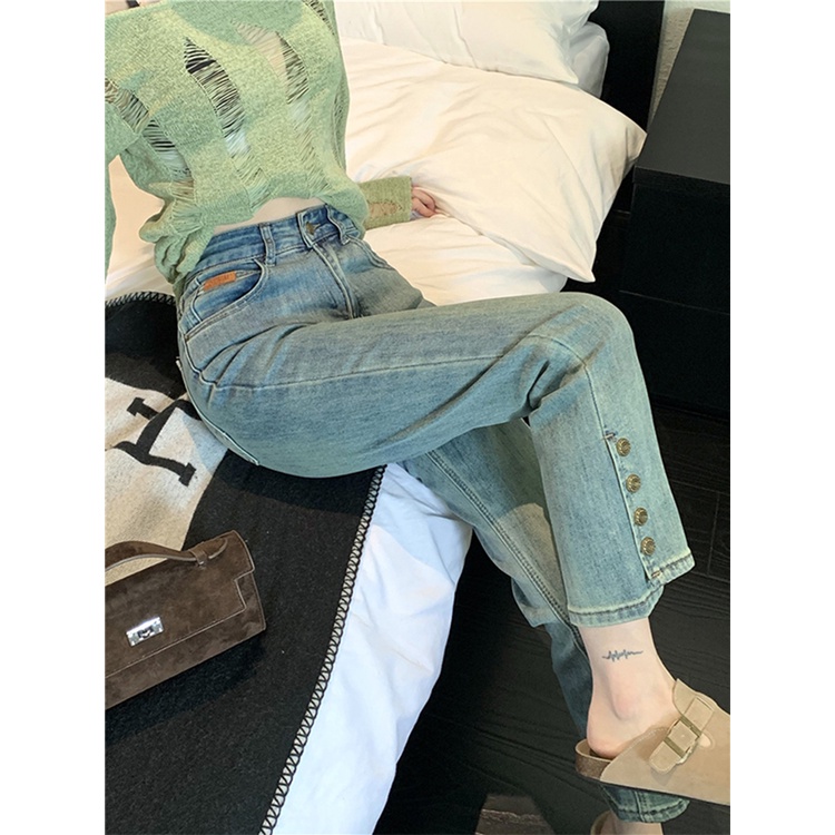 Quần jean nữ lưng cao ống đứng JINX, quần bò nữ cạp cao ống đứng thiết kế 4 khuy gấu phong cách Hàn 