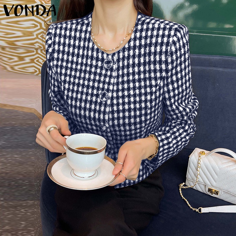 Áo khoác blazer VONDA tay dài phồng cổ tròn in caro phối hàng nút phong cách Hàn Quốc thời trang cho bạn gái