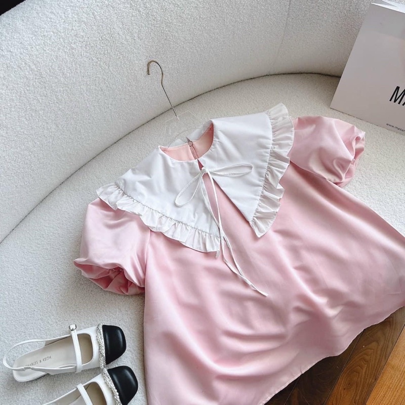 Đầm babydoll hồng cổ sen trắng