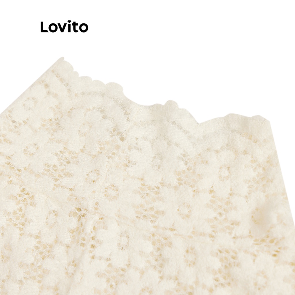 Áo thun Lovito cổ xếp nếp thêu viền lỗ họa tiết rỗng màu trơn phong cách thường ngày dành cho nữ L41AD022 (trắng ngà)