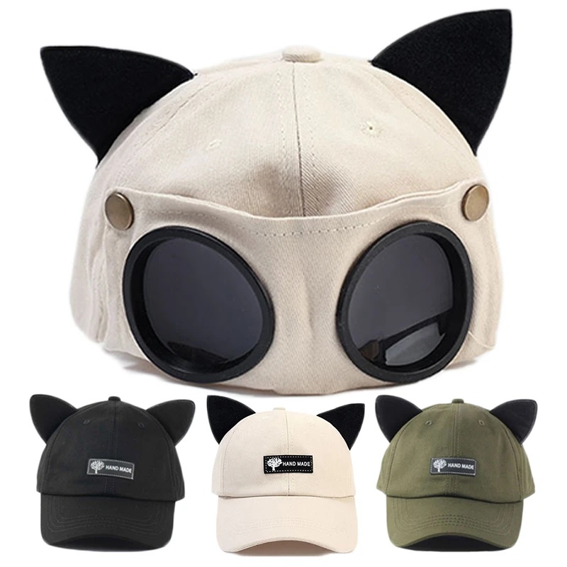 Mũ Lưỡi Trai Hình Phi Công Gắn Kính Râm Tai Mèo Dễ Thương Có Thể Điều Chỉnh Phong Cách Unisex