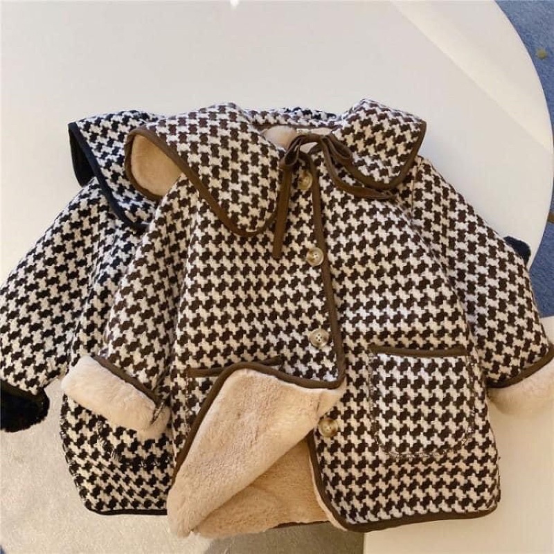 Áo dạ Tweed lót lông bé gái dáng dài phong cách Hàn Quốc