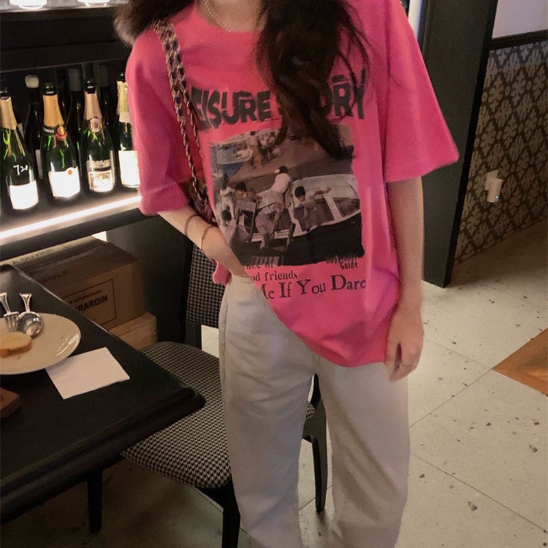 Áo thun XINLANYASHE ngắn tay dáng rộng in họa tiết thời trang Hàn Quốc cho nữ