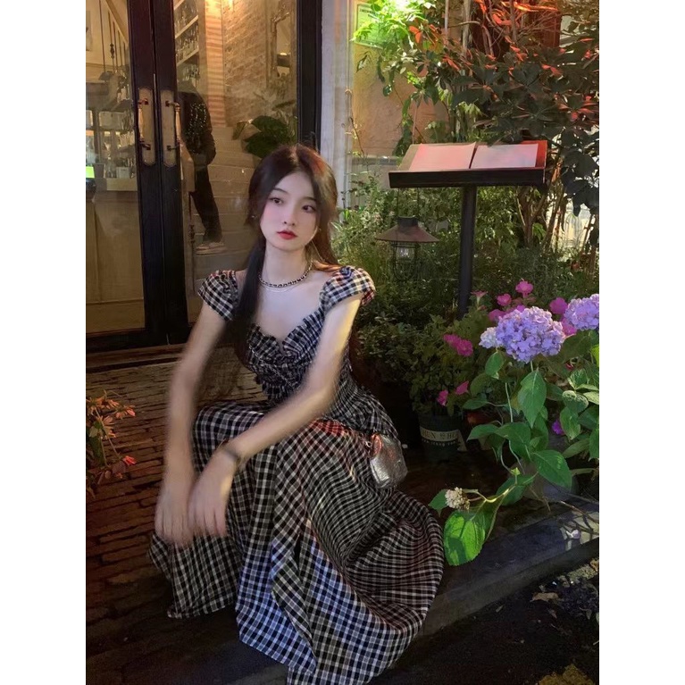 COZOK Đầm Ngắn Tay Cổ Chữ V Phối Bèo Họa Tiết Caro Nữ Tính