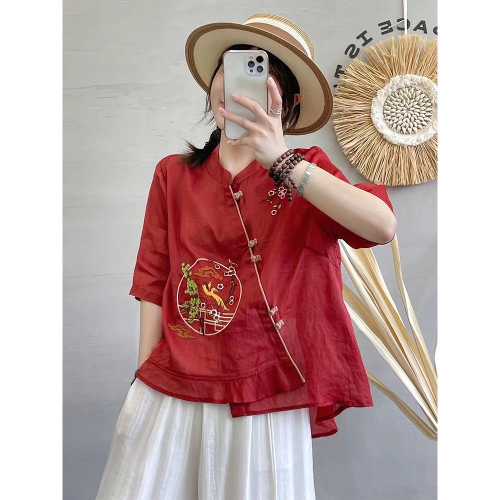 ICE Cotton and Linen Top Embroidered Printed Chinese Button Knots Sun Protection Shirt Japanese and Korean Foreign Trade Original Sample Women's Clothes Cotton and Linen