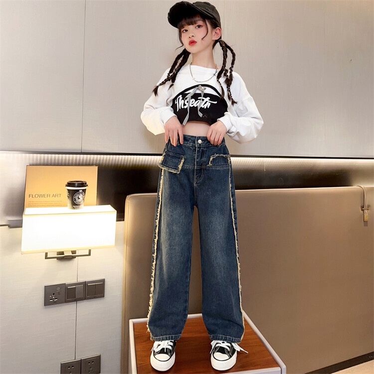 Set Áo Thun Dài Tay + Quần Jeans Dài Thời Trang Cho Bé Gái