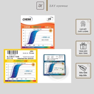  Tròng kính Siêu mỏng Ngăn ánh sáng xanh Chemi U6 1.60 1.67 1.74 Perfect UV Crystal Coated chính hãng 