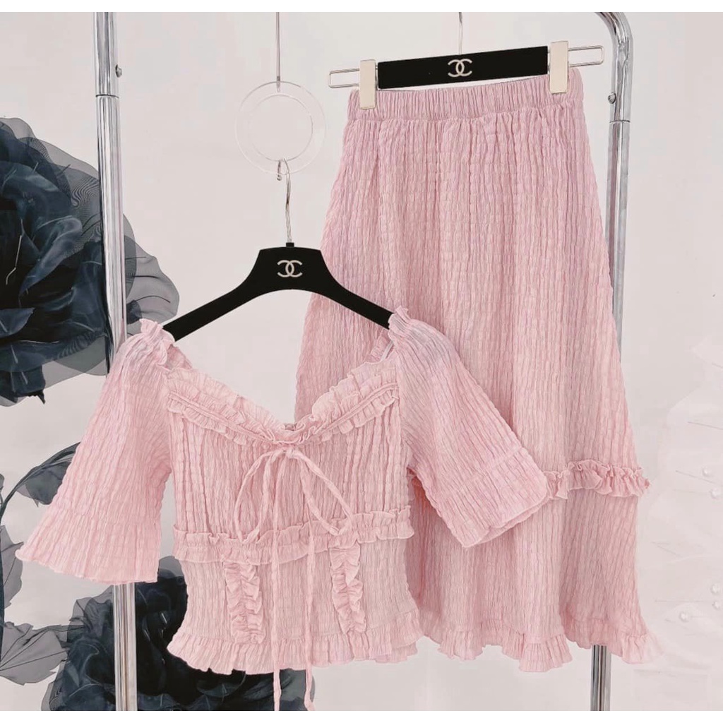 SET Áo xốp hồng baby tay phồng kèm Chân Váy midi viền bèo đi biển/du lịch NÀNG CLOSET