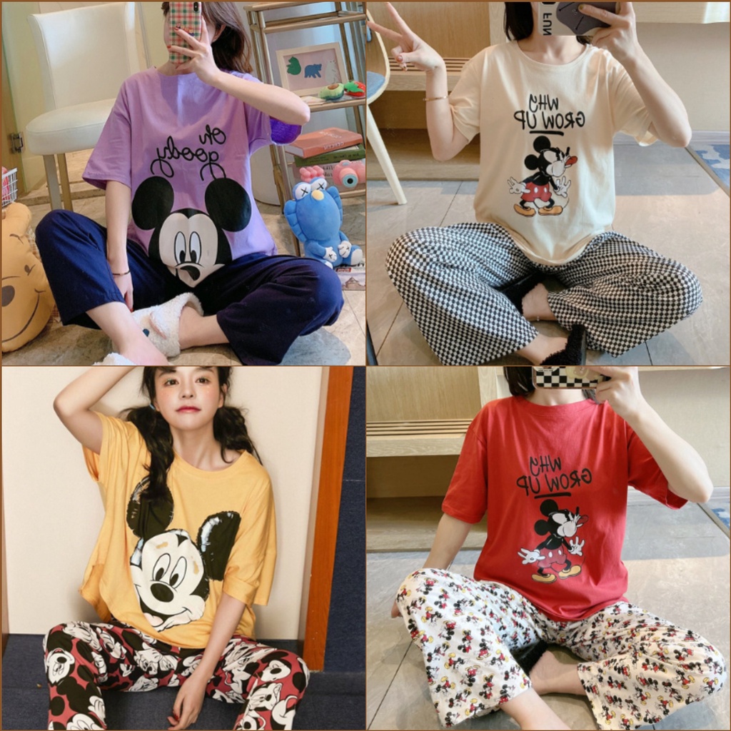 Bộ Đồ Ngủ Tay Lỡ In Hoạt Hình Mickey / Hoa Cúc Thời Trang Mùa Hè Xinh Xắn Cho Nữ