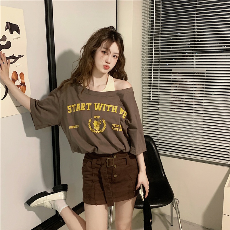 Áo thun SUXI ngắn tay trễ vai dáng rộng thời trang mùa hè dành cho nữ