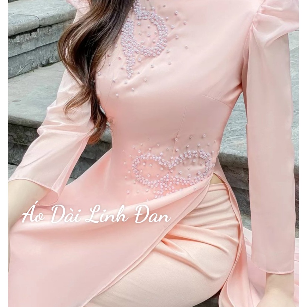 Áo dài kết nơ ngọc cao cấp màu hồng - Áo Dài Linh Đan
