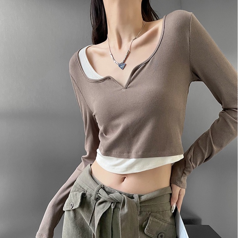 Áo Thun Tay Dài Giả Hai Lớp Màu Sắc Tương Phản Phong Cách Hàn Quốc