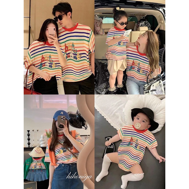 Áo Thun Gia Đình Kẻ Sọc Cầu Vồng In Chữ Phong Cách Mới Mùa Hè 2023