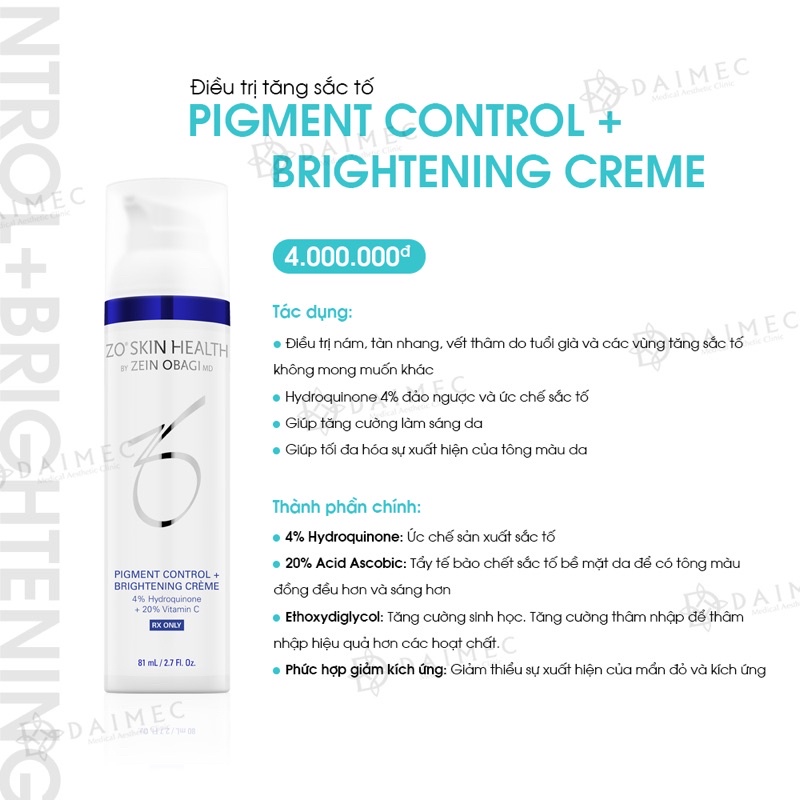 CT⭐ Kem giảm nám trắng da Zo Pigment Control Brightening Crème 4% HQ + 20% Vit C 81ml