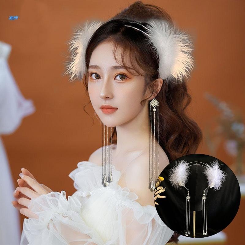 Băng Đô Cài Tóc Đính Lông Vũ Màu Trắng
