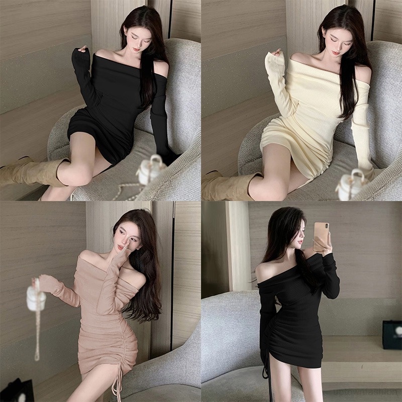 Đầm Tay Dài Trễ Vai Phối Thắt Lưng Phong Cách Hàn Quốc