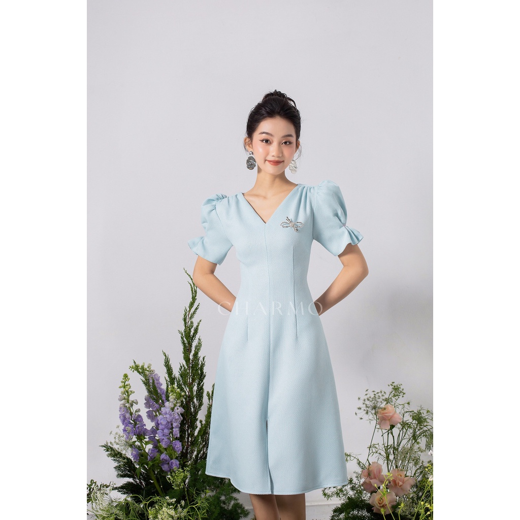 Đầm thiết kế CHARMO cổ V tay phồng nhún tay cách điệu form dáng xòe vải cotton bố Drawstring Shoulder Dress