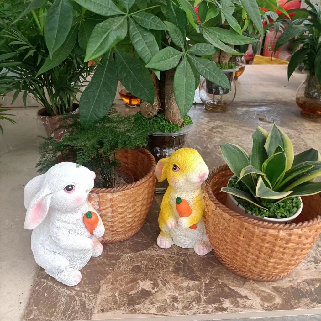 Tượng Thỏ Trắng Trang Trí Chậu Hoa Chậu Hoa Bằng Thép Thủy Tinh Hình Thỏ Hoạt Hình Sáng Tạo Trang Trí Sân Vườn