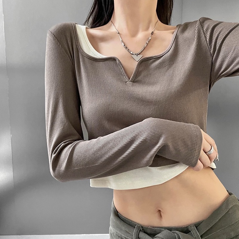 Áo Thun Tay Dài Giả Hai Lớp Màu Sắc Tương Phản Phong Cách Hàn Quốc