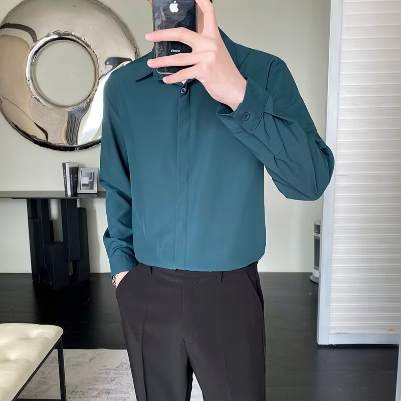 Áo Sơ Mi Vải Lụa Lạnh Mỏng Cao Cấp Dáng Rộng Tay Dài Màu Trơn Thời Trang Mùa Thu 2022 Phong Cách Hàn Quốc Cho Nam