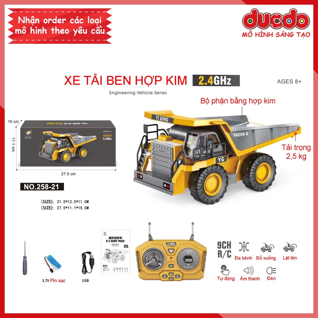 Xe điều khiển từ xa ô tô công trình máy xúc ben múc cẩu ủi gầu và thùng sắt pin sạc cho bé - Đồ chơi mô hình