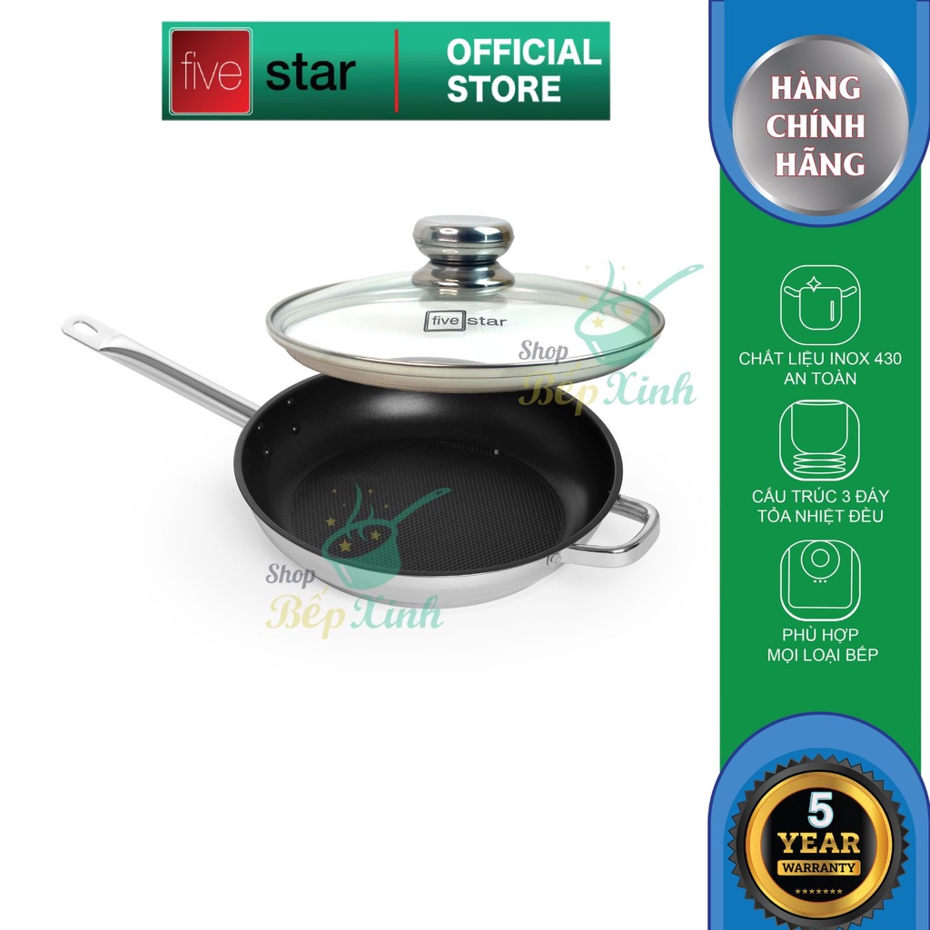 Chảo chống dính 3 đáy từ inox 430 Fivestar Standard và nắp kính tặng 32cm , dùng được mọi bếp
