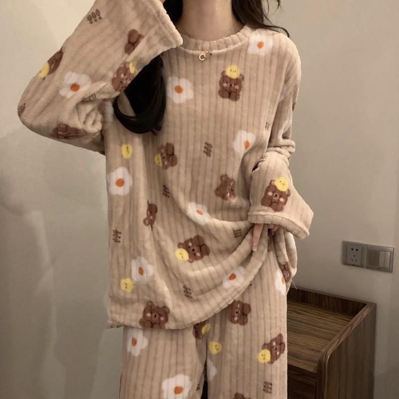 Bộ ngủ lông nữ mặc nhà hình gấu kute siêu ấm áp MS992