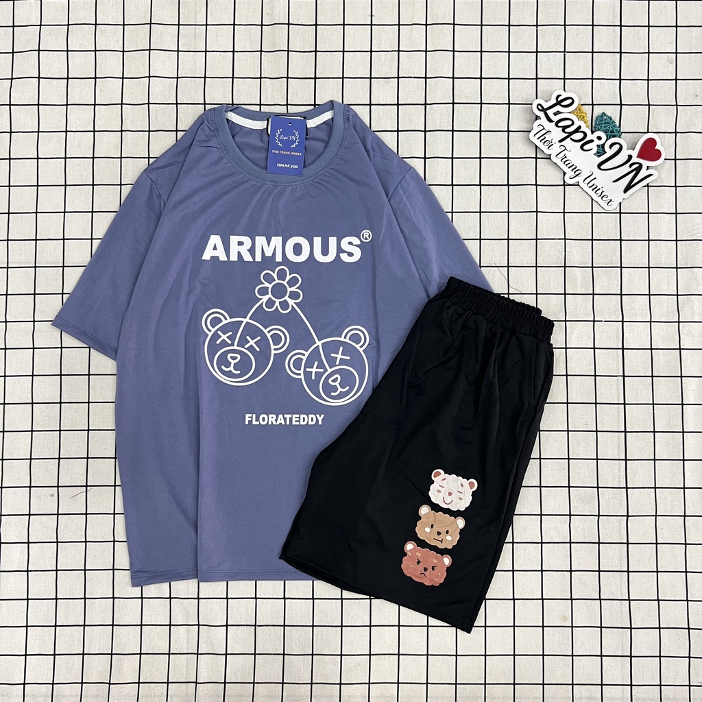 Đồ Bộ Mẫu In Gấu Amous Kết Hợp Quần Lửng Hoạt Hình Form Unisex Lapi VN, Set Cartoon, Freesize, Nam Nữ Đều Mặc Được