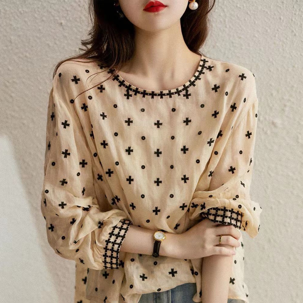 Áo Sơ Mi Tay Dài Phồng Cổ Tròn Thêu Họa Tiết Thời Trang Xuân Thu 2023 Cho Nữ