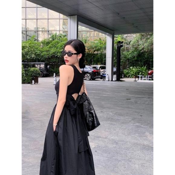 Đầm maxi đen balo không tay cột nơ lưng