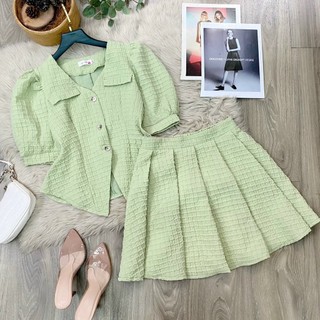 Set nữ bigsize, set xốp cổ nhọn chân váy ngắn hack dáng che bụng che bắp tay