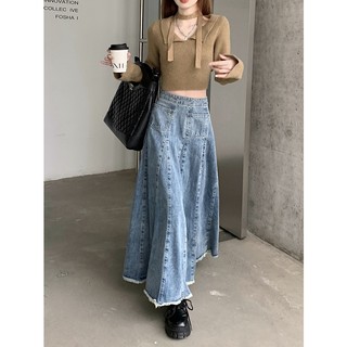 「motel7」 chân váy denim dài dáng chữ a lưng cao phối túi phía trước dáng ôm và chân váy denim dài lưng cao