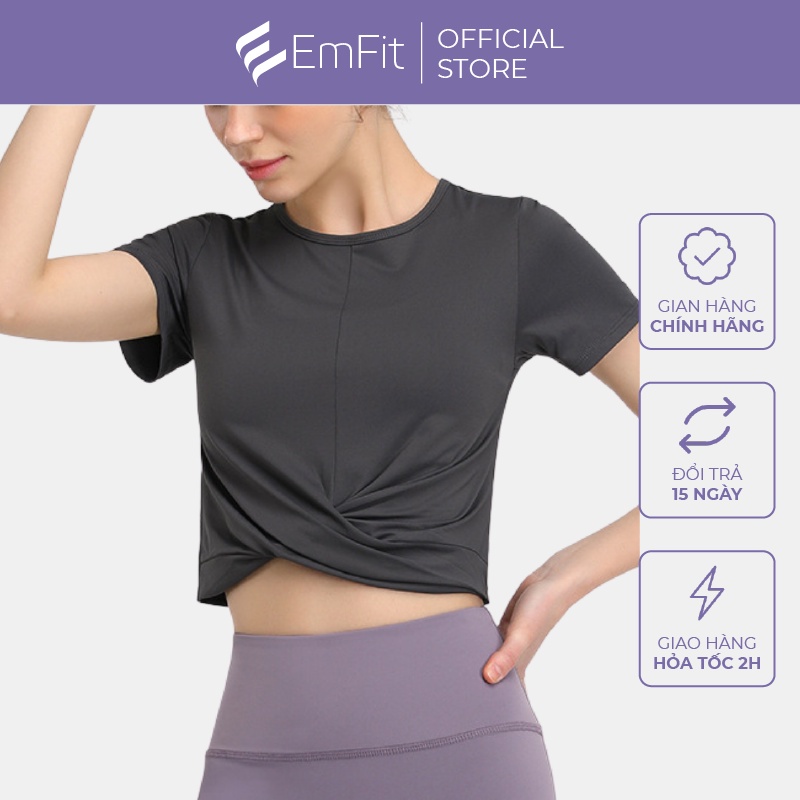 Áo tập gym nữ ngắn tay xếp ly rúm eo EmFit form rộng, Áo phông nữ tập gym yoga erobic co giãn vận động thoải mái at05