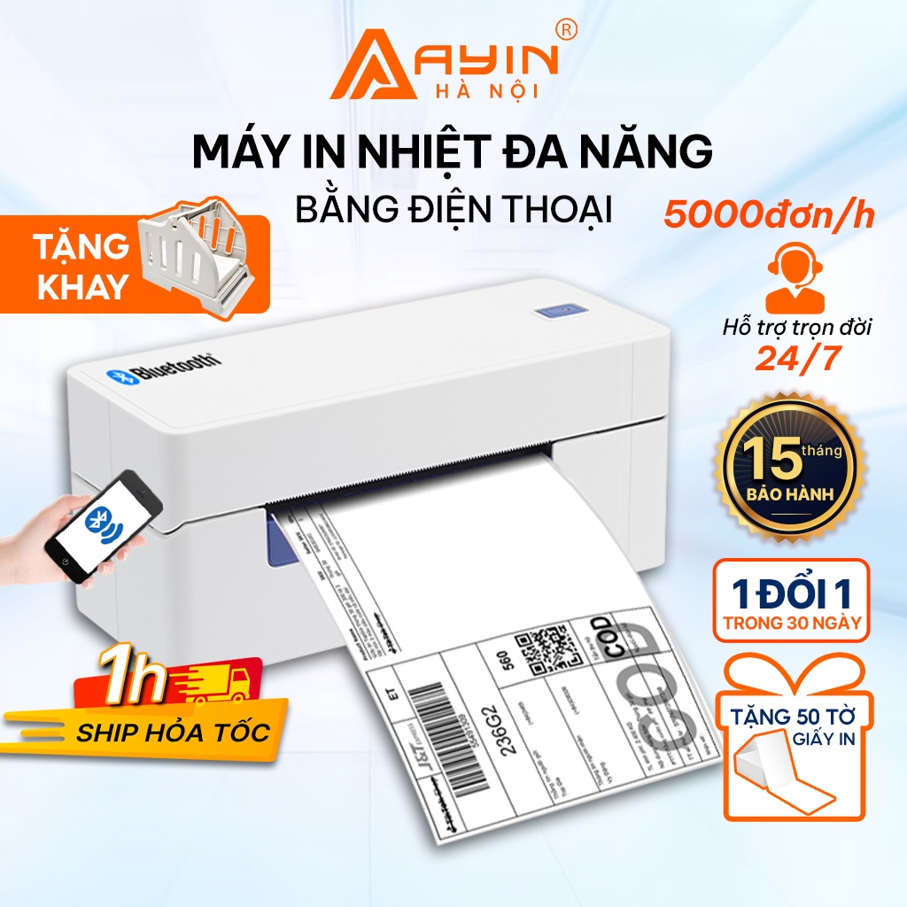 Máy in nhiệt sàn TMĐT 488BT, khổ A6,A7 in đơn qua điện thoại, in mã vận chuyển, tem, logo bảo hành 15 tháng