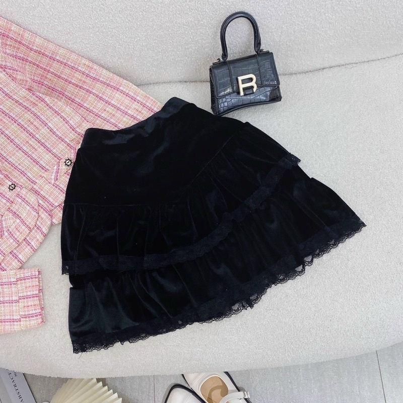 SET ÁO DẠ CARO TAY DÀI + CHÂN VÁY NHUNG VIỀN REN