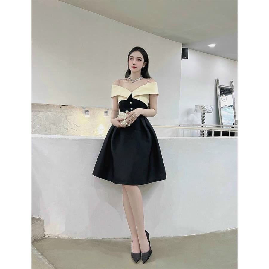 [3.3 Sales Freeship] Đầm tiểu thư nữ, đầm đen xòe chất tapda trễ vai dây phối màu trắng đính nút ôm eo đi tiệc quyến rũ
