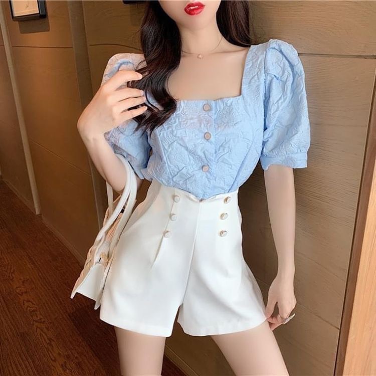 Áo Cổ Vuông Tay Phồng Phối Nút Chất Xốp Gân Xịn Sò Che Khuyết Điểm Cho Người Mập 50.90kg