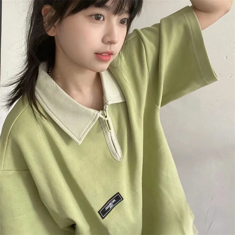 Áo polo Tay Ngắn Dáng Rộng Có Khóa Kéo Phối Màu Sắc Phong Cách Nhật Hàn Thời Trang Cho Nữ