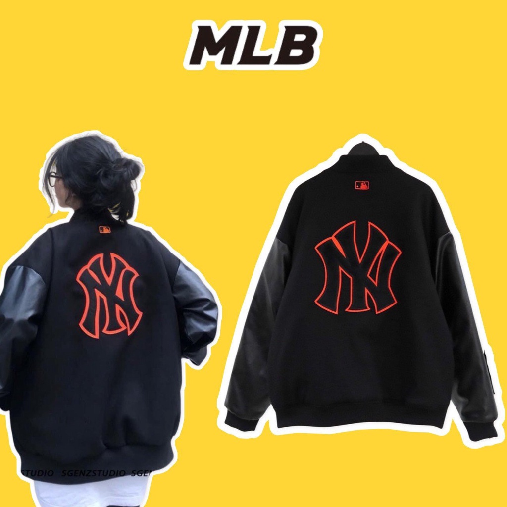 Áo Varsity Jacket Bomber MLB NY vải nỉ dày dặn phối tay da