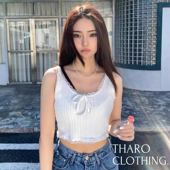 Áo Croptop Nữ Hai Dây, Hoạ Tiết Bông Lúa Viền Ren - Tharo Clothing [AO00074]