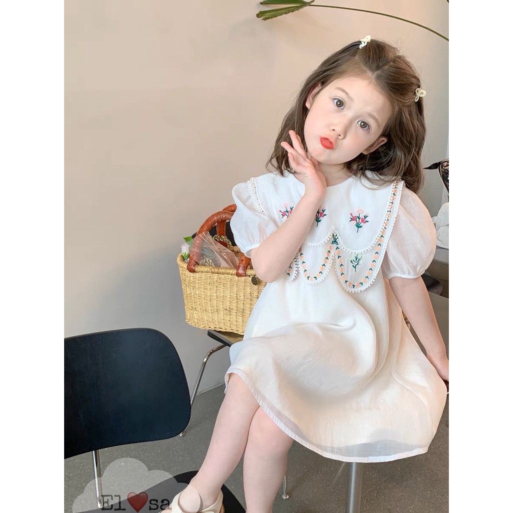Váy bé gái - Váy Kem Dáng Suông Thêu Hoa Cổ Sóng siêu xinh cho bé gái 1 - 8 Tuổi