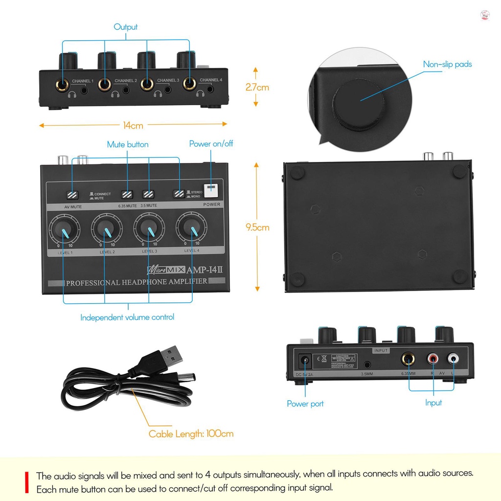 Bộ Khuếch Đại Âm Thanh Tai Nghe 4 Kênh Amp-14 RCA / 6.35mm / 3.5mm