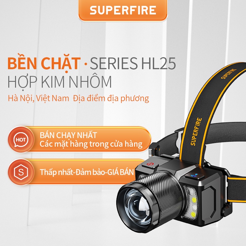 Đèn Pin Đội Đầu SUPERFIRE HL25 Đèn Pha Siêu Sáng 15W Loại c Có Thể Sạc Lại Đến 6.5 Giờ 210M