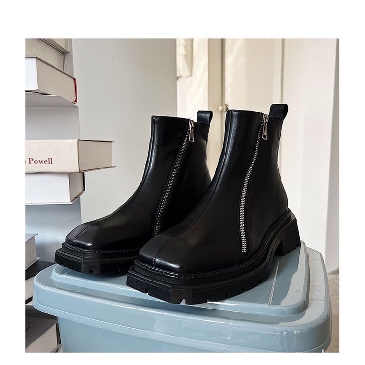 Giày boots da nam nữ mũi vuông cổ lửng phối khoá 2 bên hông FOOTMADE