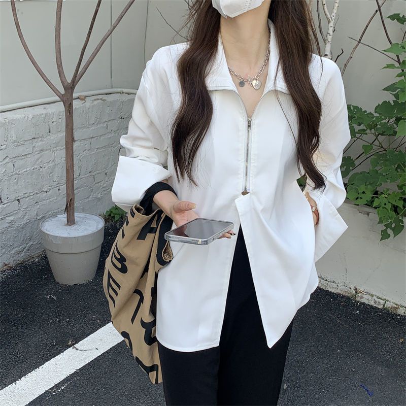 Áo sơ mi COZOKC tay dài màu trơn có khóa kéo thời trang