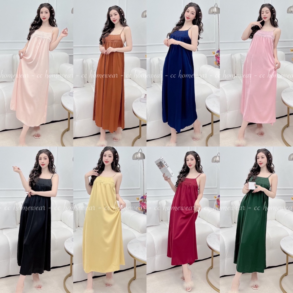 Đầm ngủ lụa 2 dây họa tiết trơn cao cấp thương hiệu CC HOMEWEAR | BigBuy360 - bigbuy360.vn